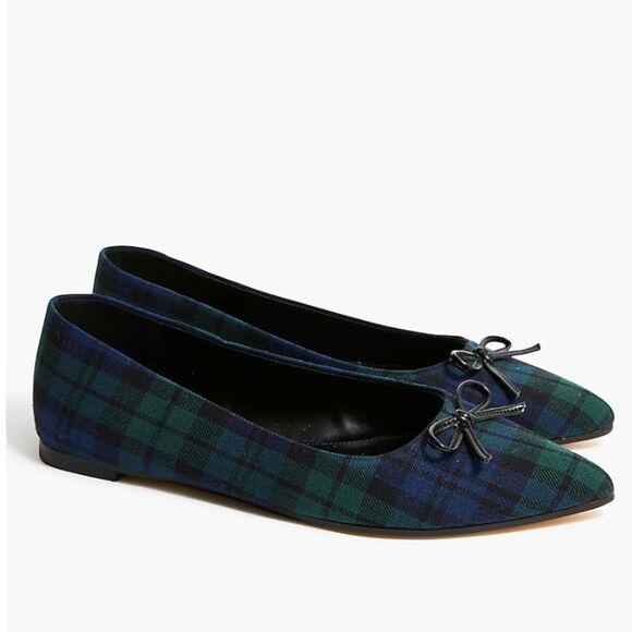 J. Crew Tartan Plaid Ballet Flats Womens 6 Point Toe Bow Navy Blue Green - Picture 8 of 8